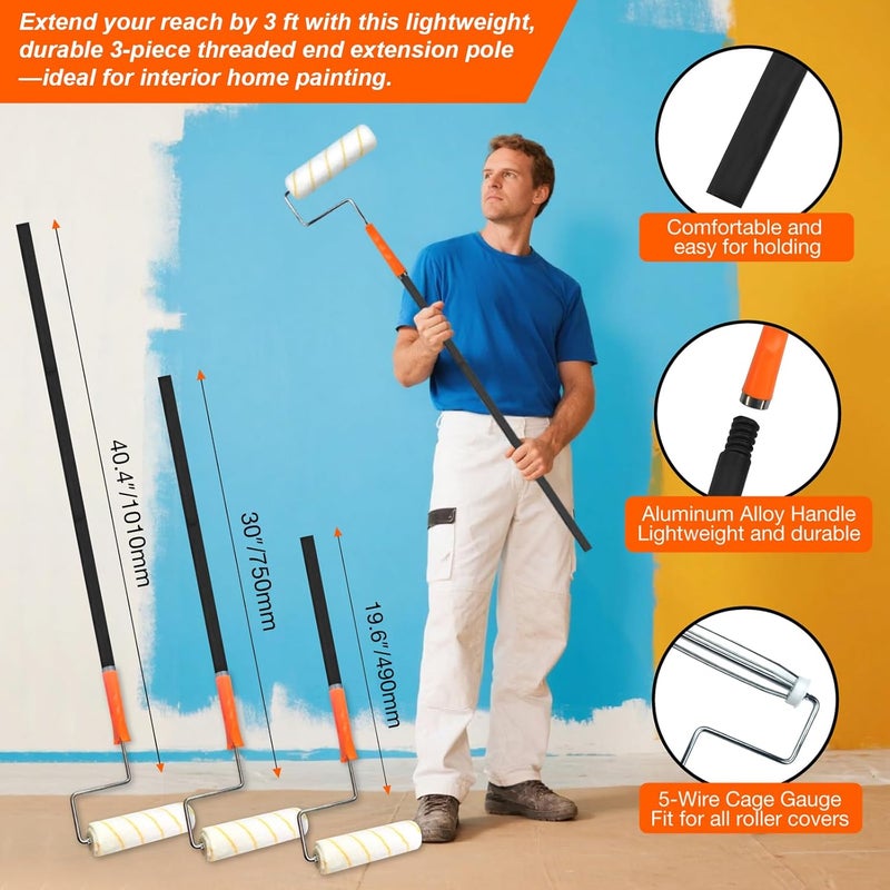 KingOrigin King Origin Paint Roller Kit with Extension Pole (3 ft), 9" & 4" Paint Rollers, Frame, Tray - 12-Piece Paint Supplies for Painting Walls, Home Interior - Image 3
